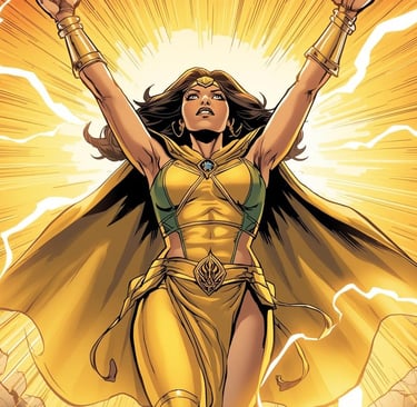 A powerful comic book female Arabic hero with determination in her eyes, rising dramatically from th
