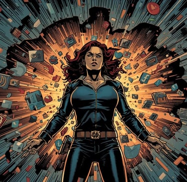 A determined woman, depicted in a dynamic, high-action comic book art style, stands at the center of a chaotic, converging st