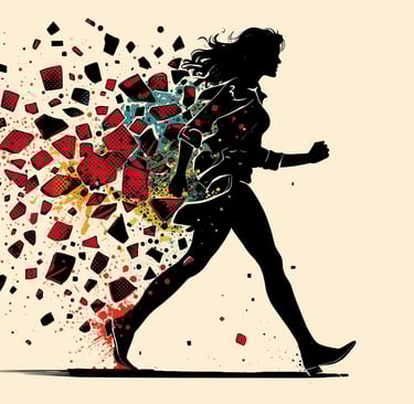 A dynamic comic book style illustration of a woman's silhouette in motion, depicted as if dissolving or fragmenting into nume