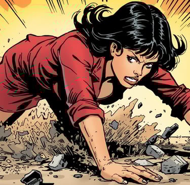 A Caucasian woman, depicted in a classic comic book style with bold linework and vibrant colors, is rising to her feet after