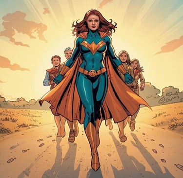 A powerful comic book woman hero, clad in a striking turquoise and dark orange costume, strides confidently forward on a clea
