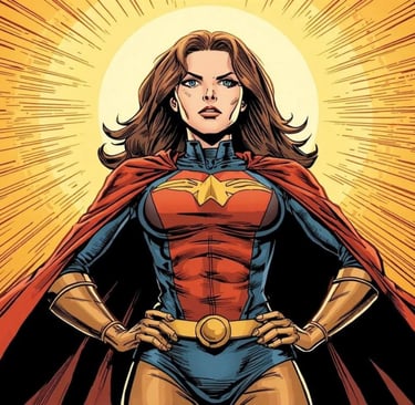 A woman in a vibrant comic book style, with determination etched on her face, stands as a symbol of resilience after enduring