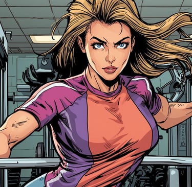 A dynamic comic book style illustration of a woman with athletic build, intensely training in a gym. She is wearing a vibrant