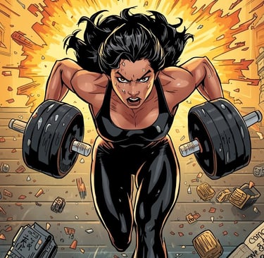 A powerful female hero in dynamic motion, captured mid-action as she runs up a grand staircase, or intensely lifts heavy weig