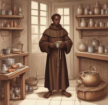 São Benedito trabalhando na cozinha