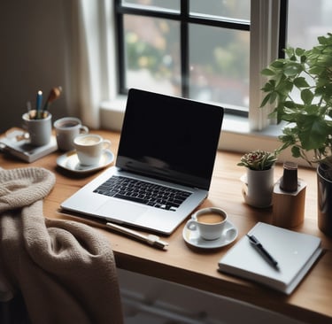 A cozy workspace with a laptop, a cup of tea, and a notebook surrounded by plants.