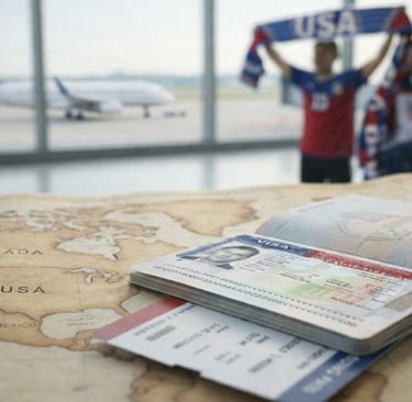 U.S. visa passport placed on a map of North America inside an international airport terminal ahead o