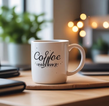 A collection of colorful notebooks and mugs arranged on a wooden table.