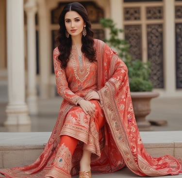 A collection of beautifully draped Pakistani suits displayed on elegant mannequins.