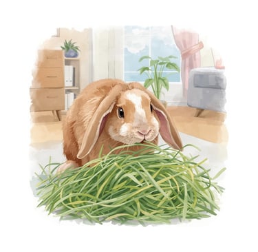 watercolor image of lop-ear rabbit eating hay indoors