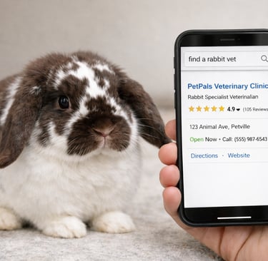 Hot Cross Buns' Loofah waits to learn how to find a rabbit vet in this blog post