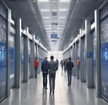 a man walking down a hallway with people walking by