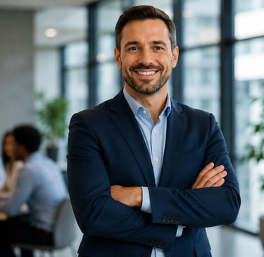 A confident smiling businessman in a blue suit standing in a modern office with his arms crossed.
