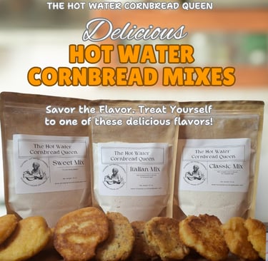Hot Water Cornbread Mix _ Handmade hot water cornbread mix with golden crust.