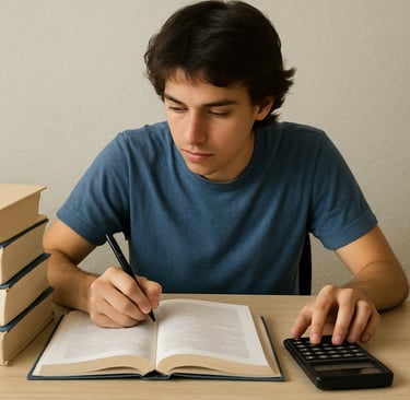 student studying with books and calculator