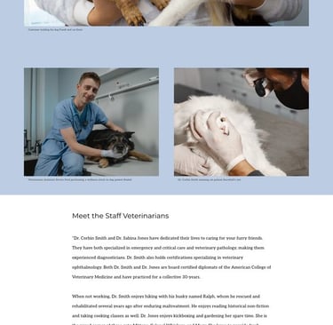 About webpage design with images of pets and staff members, mission statement, and accredited certificate.