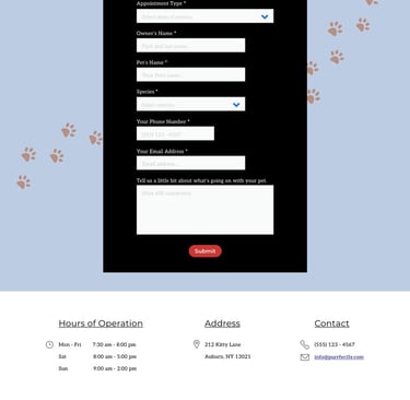 Contact webpage design with a contact form, hours of operation, and location map.