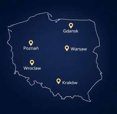 Карта Польши с городами Варшава, Краков, Вроцлав, Познань и Гданьск
