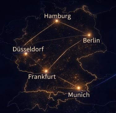 Карта Германии с городами Берлин, Гамбург, Франкфурт, Мюнхен