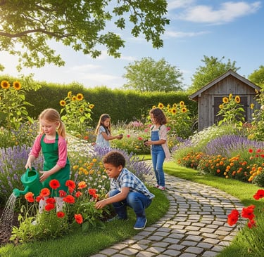 kids gardening in a lovely flower garden