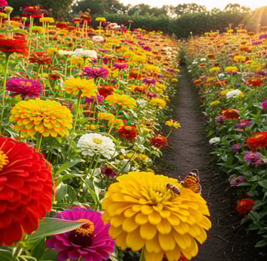 garden of big zinnia flowers