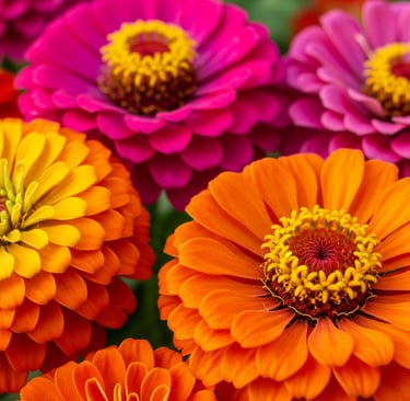 close up of orange and pink big zinnia flowers