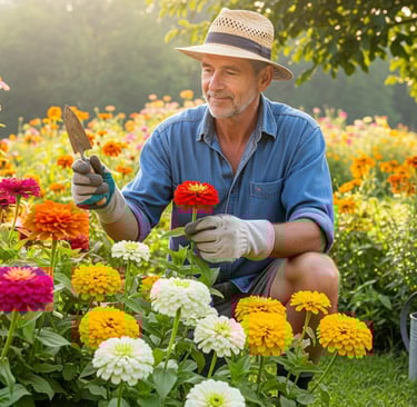 garderner in garden tending to big zinnia flowers