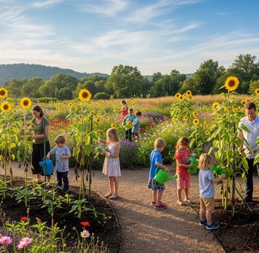 kids outside tending to sunflowers