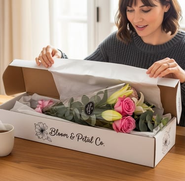 woman opening letterbox flowers and smiling