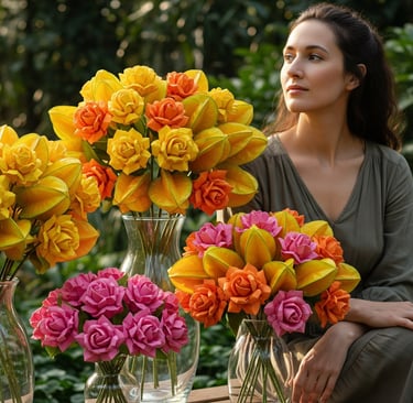 woman sat outside next to bouquets of yellow paper flowers