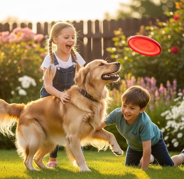 two children and dog playing in garden