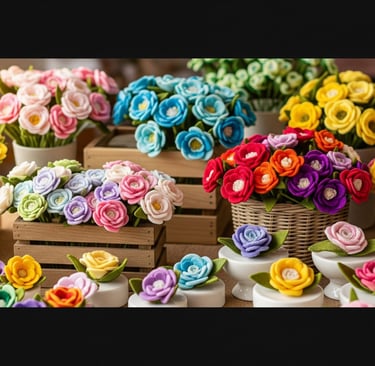 stunning felt flowers in containers displayed on table
