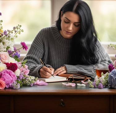 woman writing at desk with bouquets of flowers on table