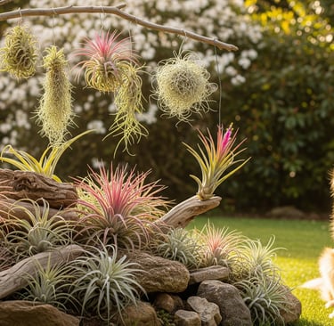 dog sat down looking at air plants in garden