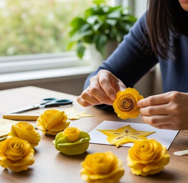 woman sat at table making carambola paper flowers