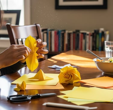 woman at desk making paper flowers