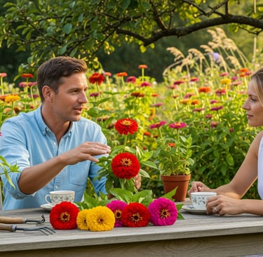 man and woman talking with coffee in flower garden