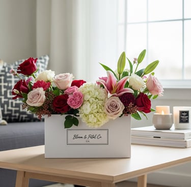 letterbox bouquet of flowers on table in modern home