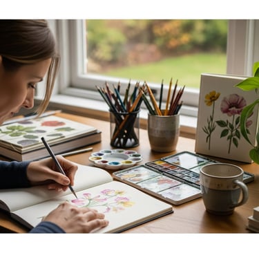 woman sat drawing complex flowers