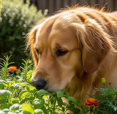 dog sniffing pet safe air plants in garden
