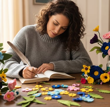 woman at desk writing next to felt flowers