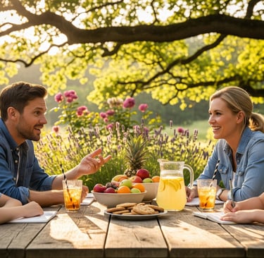family sat at table talking about flowers