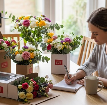 woman sat at desk writing next to letterbox flowers