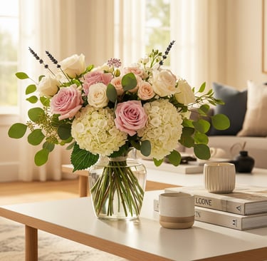 giving the perfect bouquet in glass vase on table