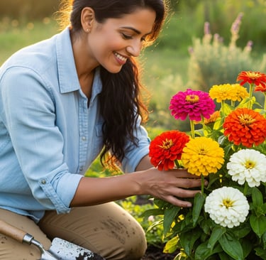 woman smiling as she cares for big zinnia flowers
