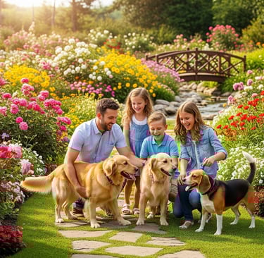 happy family and three dogs in flower garden 