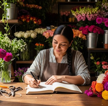 woman florist sat at desk writing