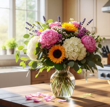 mixed flower bouquet in glass vase on kitchen surface
