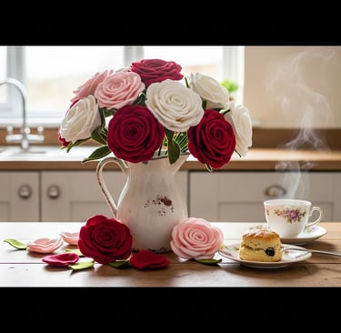 classic felt rose flowers in kitchen display
