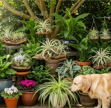 dog sniffing flowers in garden